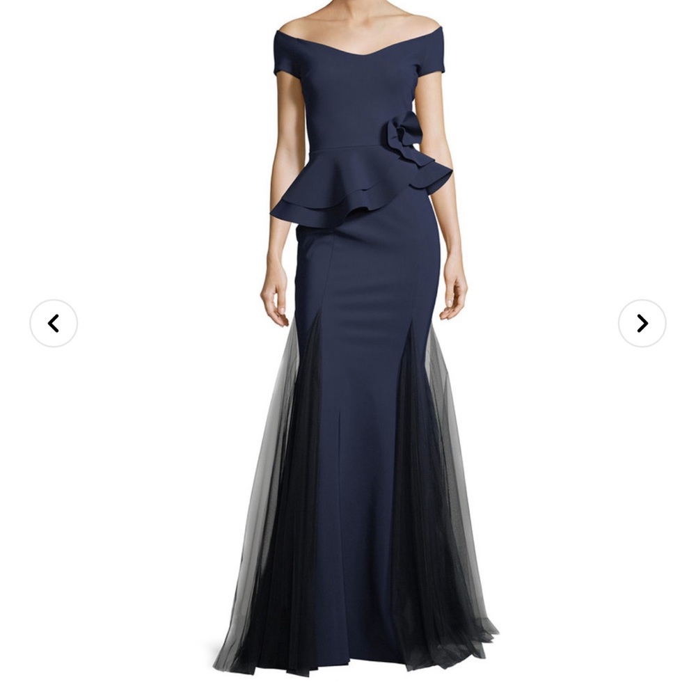 CHIARA BONI Lady Cap-Sleeve Peplum Mermaid Gown